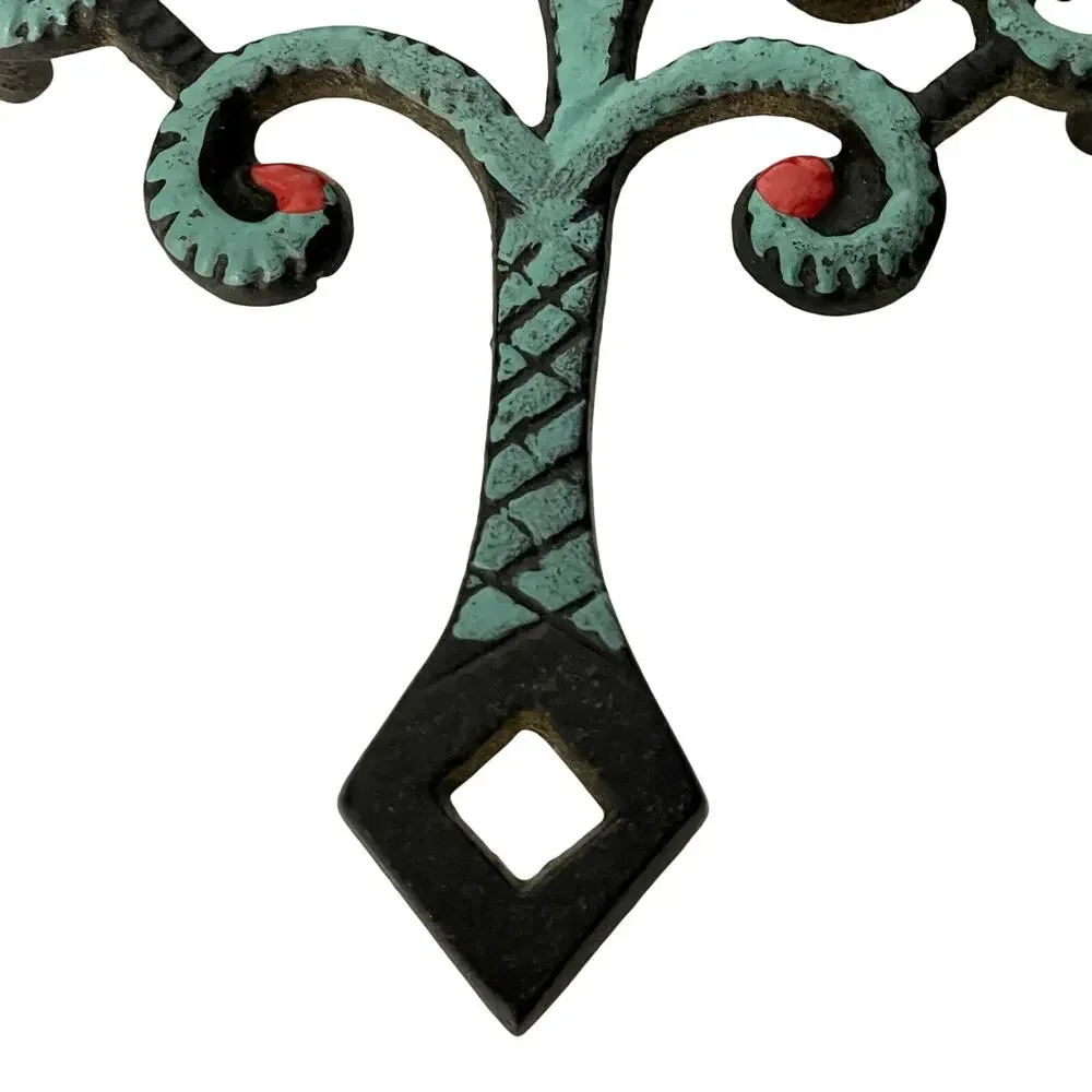 Vintage Cast Iron Family Tree Trivet John Wright Painted Mint Green Red Yellow